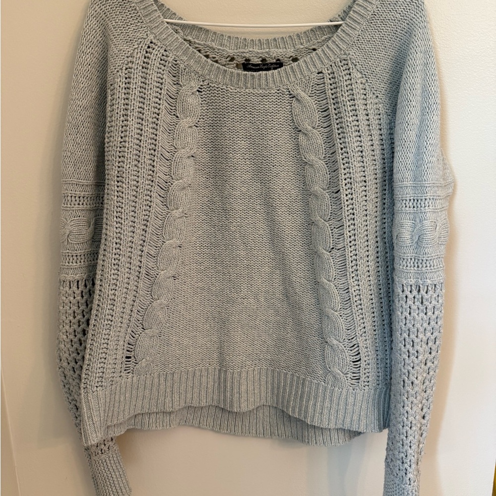 American Eagle Outfitters Light Blue Crew Neck Sweater with Cable Knit